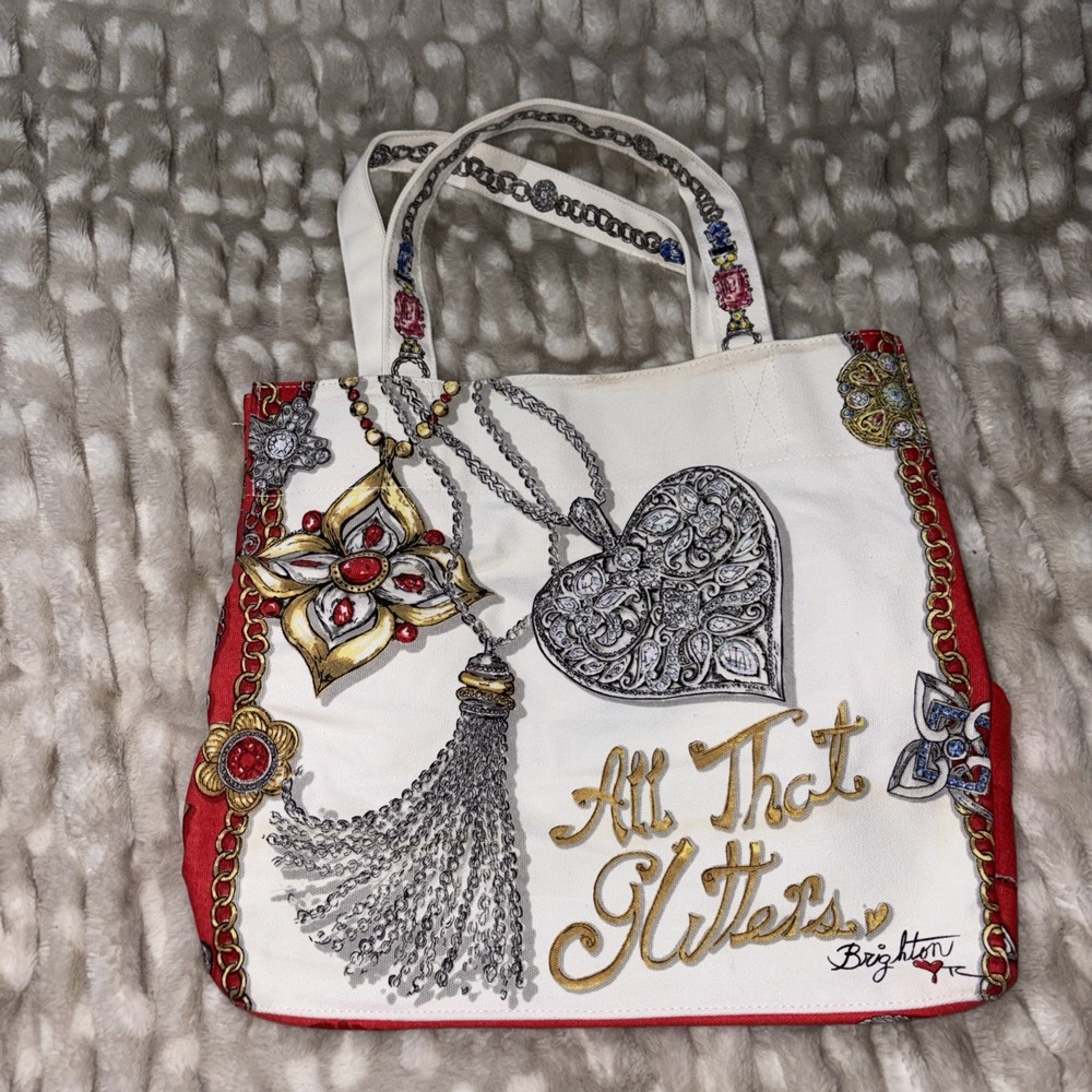 Brighton All That Glitters Tote White Red Canvas Heart Love Bag Large